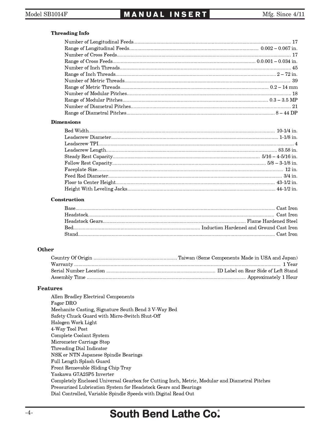 Southbend SB1014F specifications 1VJGT 