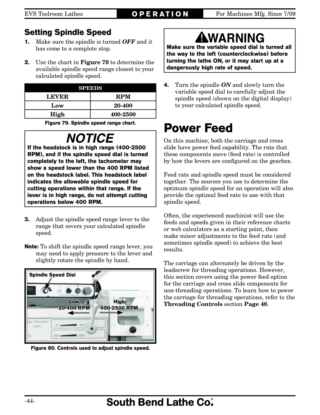 Southbend SB1014F specifications Power Feed, Setting Spindle Speed 