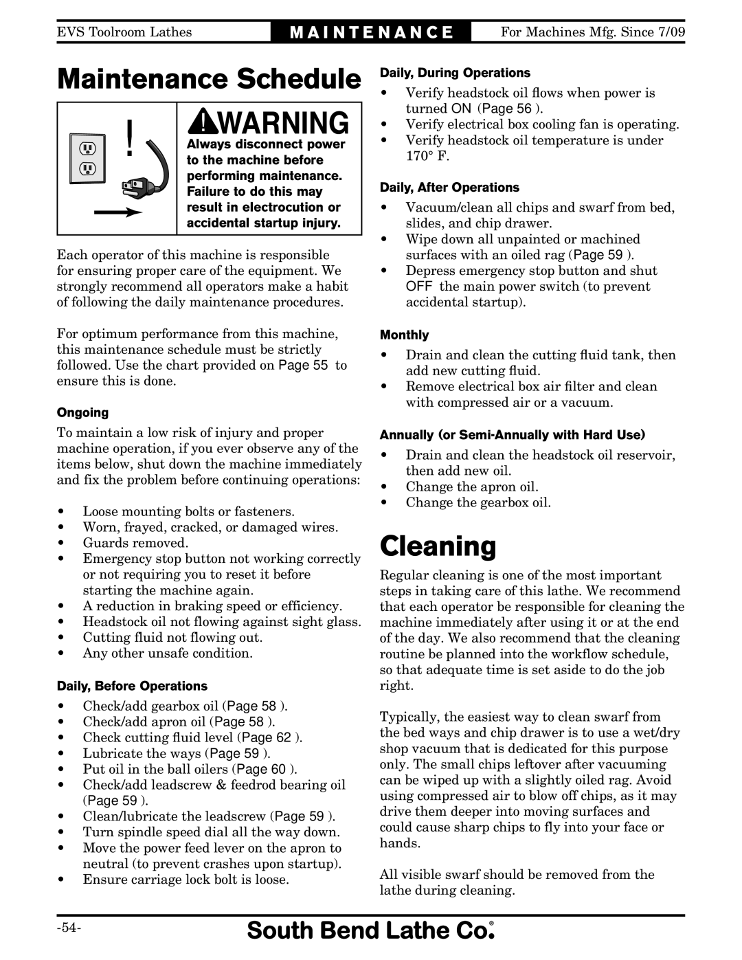 Southbend SB1014F specifications Maintenance Schedule, Cleaning 