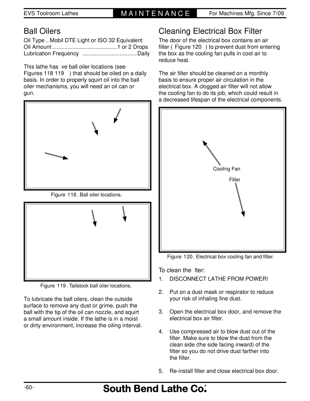 Southbend SB1014F specifications Ball Oilers, Cleaning Electrical Box Filter, To clean the ﬁlter 