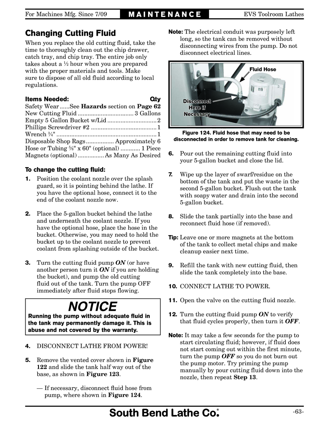 Southbend SB1014F specifications Changing Cutting Fluid, To change the cutting ﬂuid 