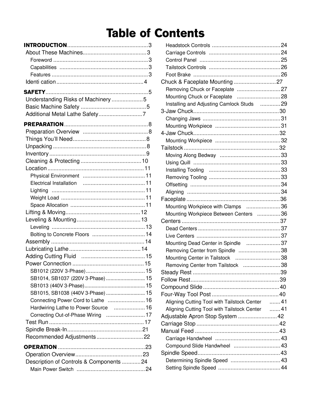 Southbend SB1014F specifications Table of Contents 