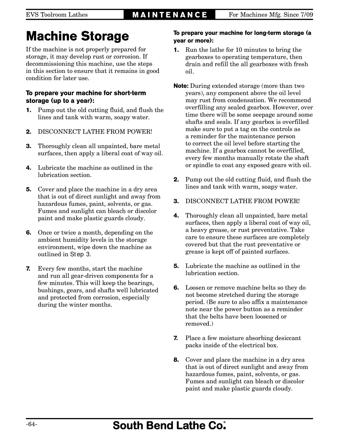 Southbend SB1014F specifications Machine Storage, To prepare your machine for short-term storage up to a year 