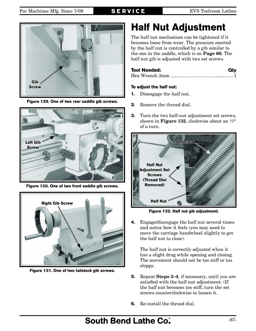 Southbend SB1014F specifications Half Nut Adjustment, To adjust the half nut 