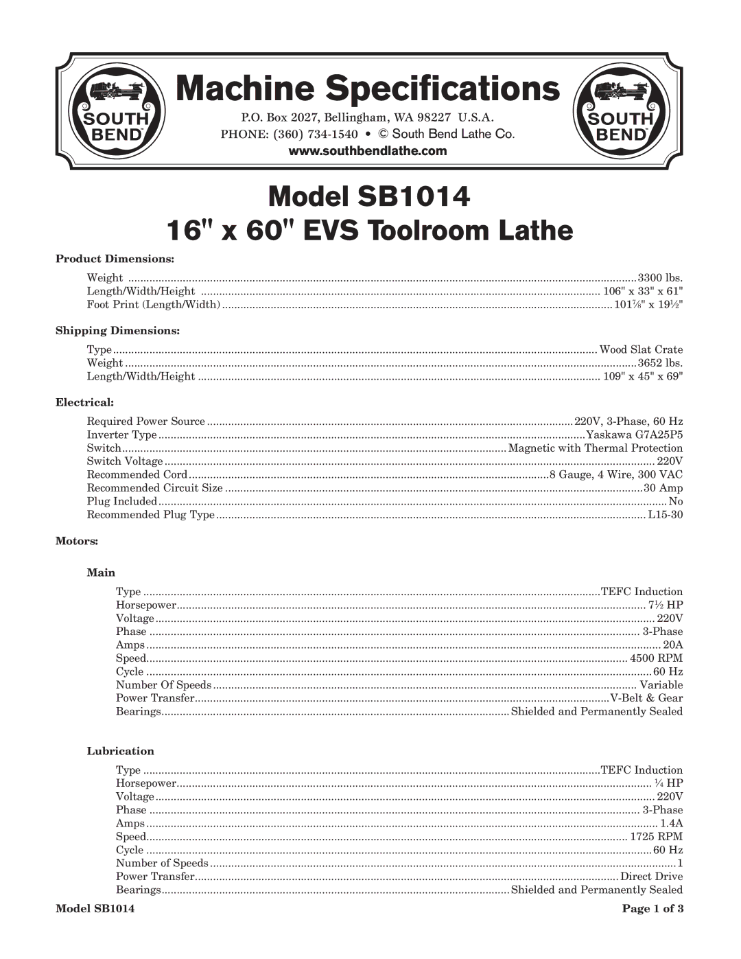 Southbend SB1014F specifications Machine Specifications, Model SB1014 16 x 60 EVS Toolroom Lathe 