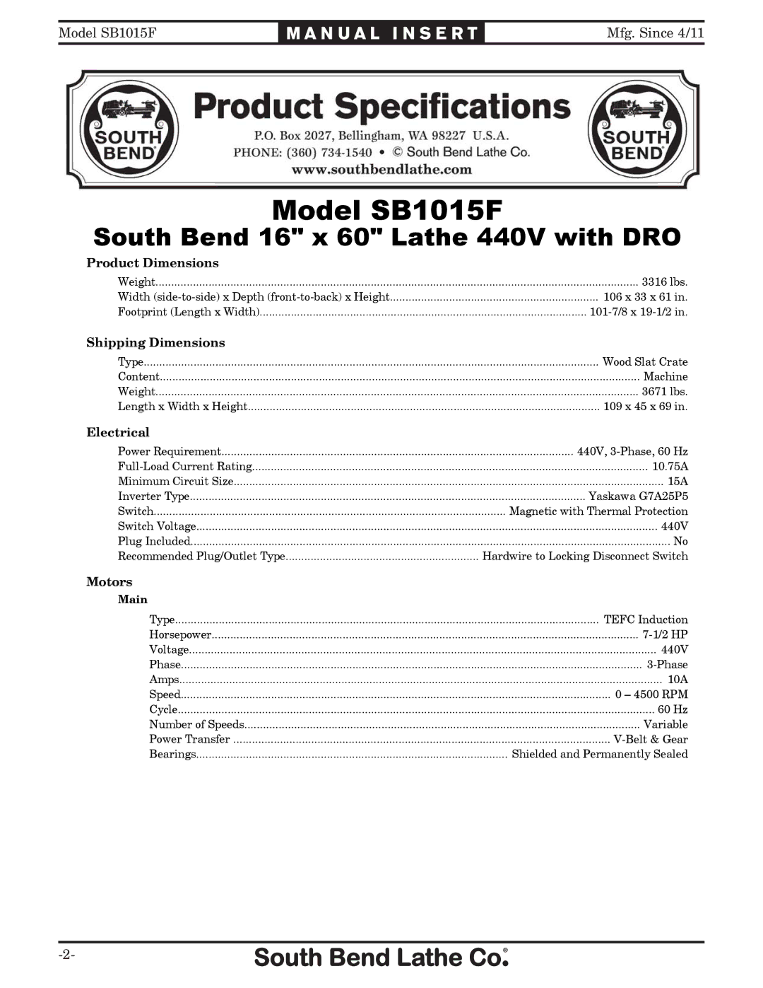 Southbend sb1015f specifications 0RGHO6% 