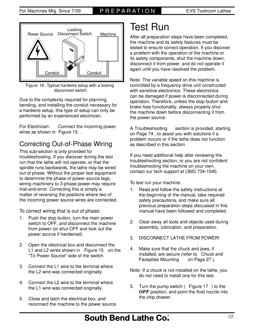 Southbend sb1015f specifications Test Run, Correcting Out-of-Phase Wiring, To correct wiring that is out of phase 