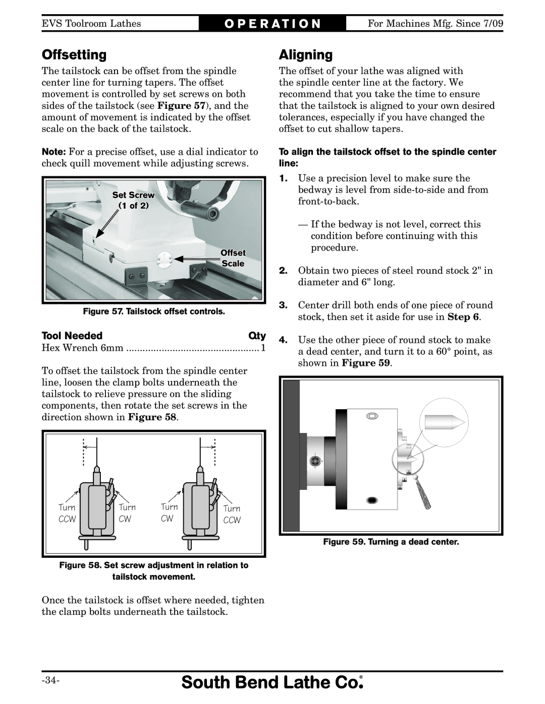 Southbend sb1015f specifications Offsetting, Aligning, To align the tailstock offset to the spindle center line 