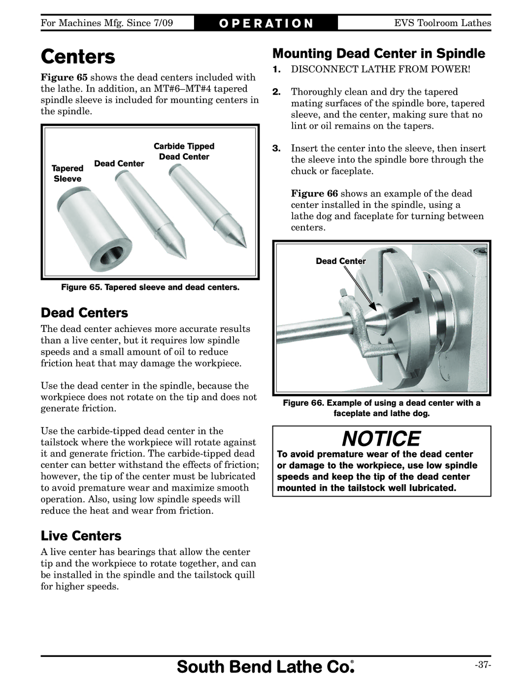 Southbend sb1015f specifications Mounting Dead Center in Spindle, Dead Centers, Live Centers 