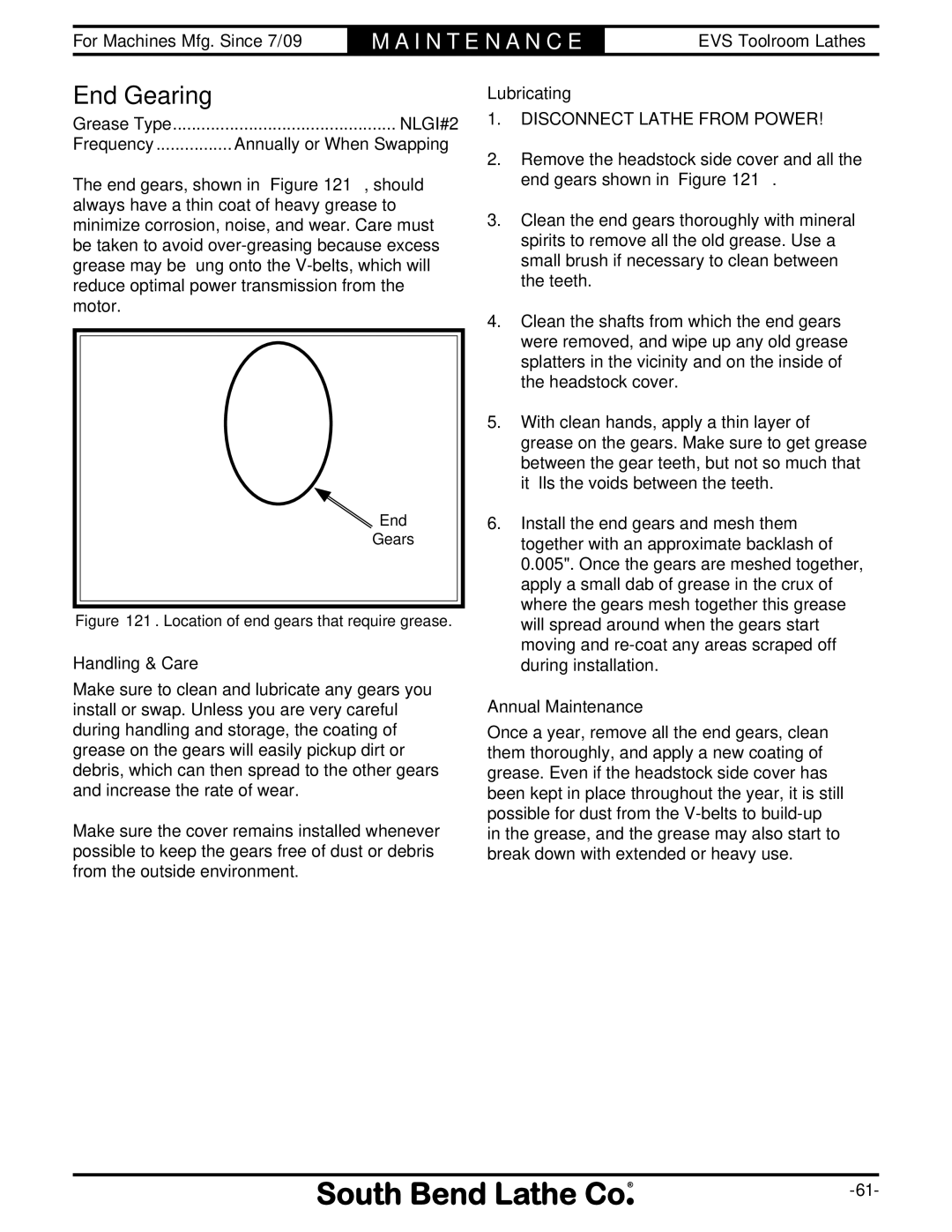 Southbend sb1015f specifications End Gearing, Handling & Care, Lubricating, Annual Maintenance 