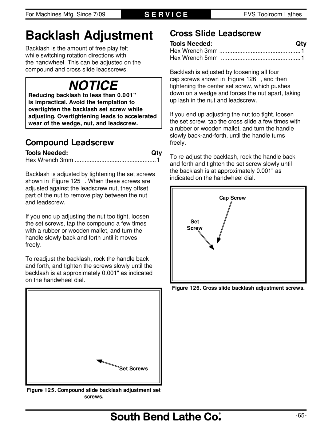 Southbend sb1015f specifications Backlash Adjustment, Compound Leadscrew, Cross Slide Leadscrew 