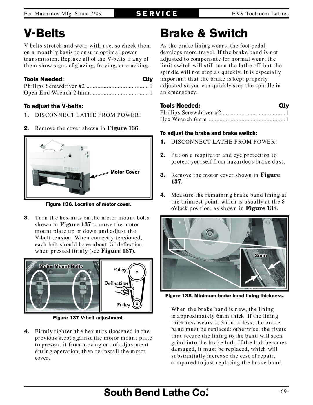 Southbend sb1015f Belts, Brake & Switch, To adjust the V-belts, Pulley Deflection, To adjust the brake and brake switch 