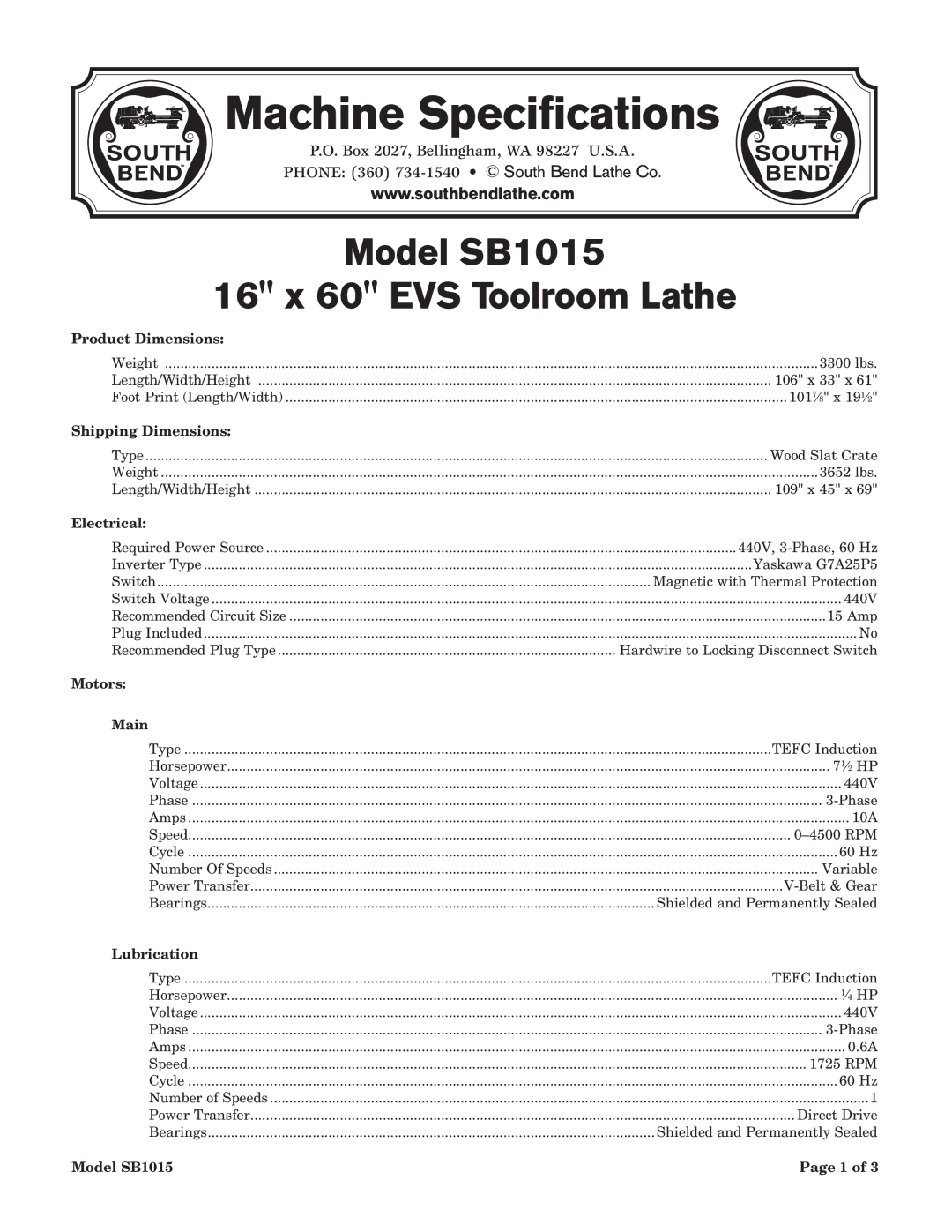 Southbend sb1015f specifications Model SB1015 16 x 60 EVS Toolroom Lathe 