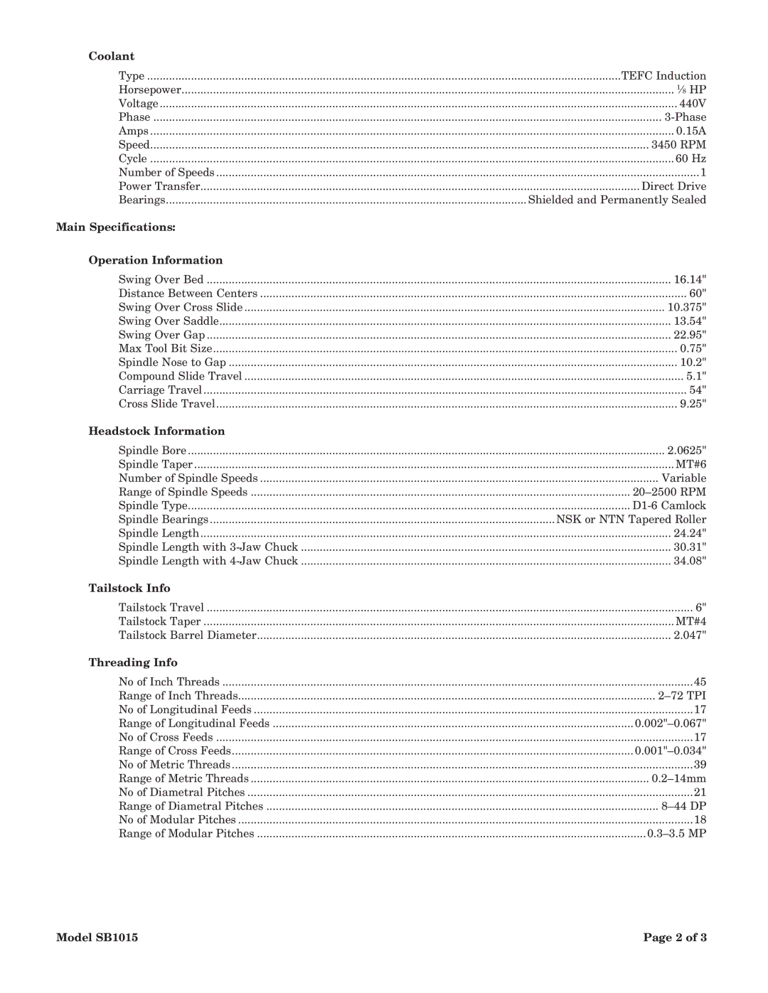 Southbend sb1015f specifications 15A 