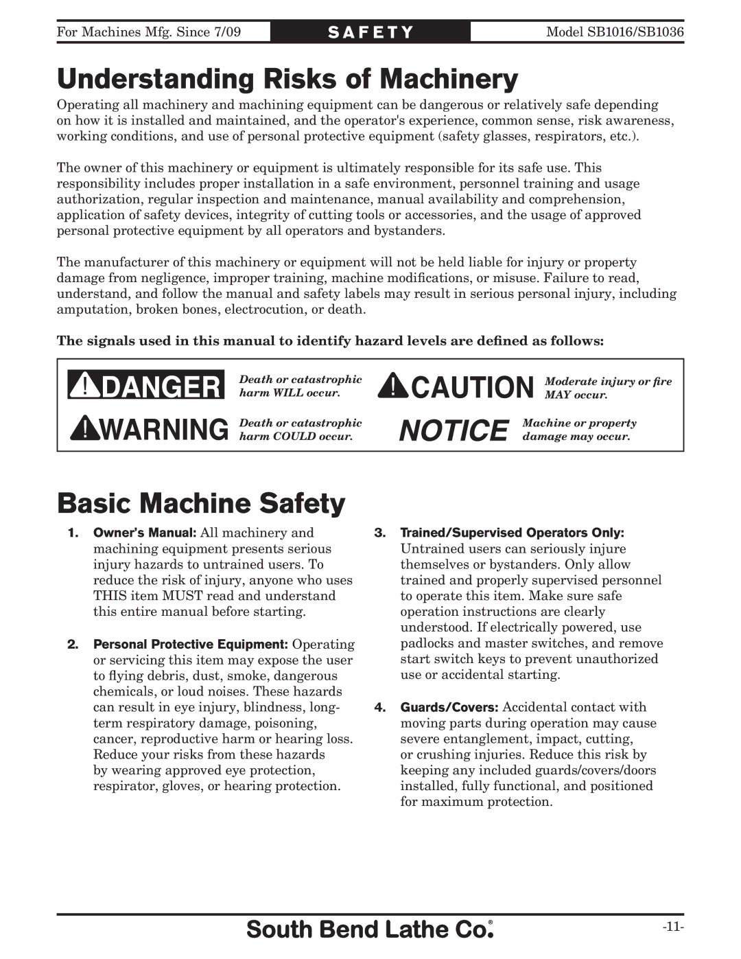 Southbend sb1016 owner manual Understanding Risks of Machinery, Basic Machine Safety 