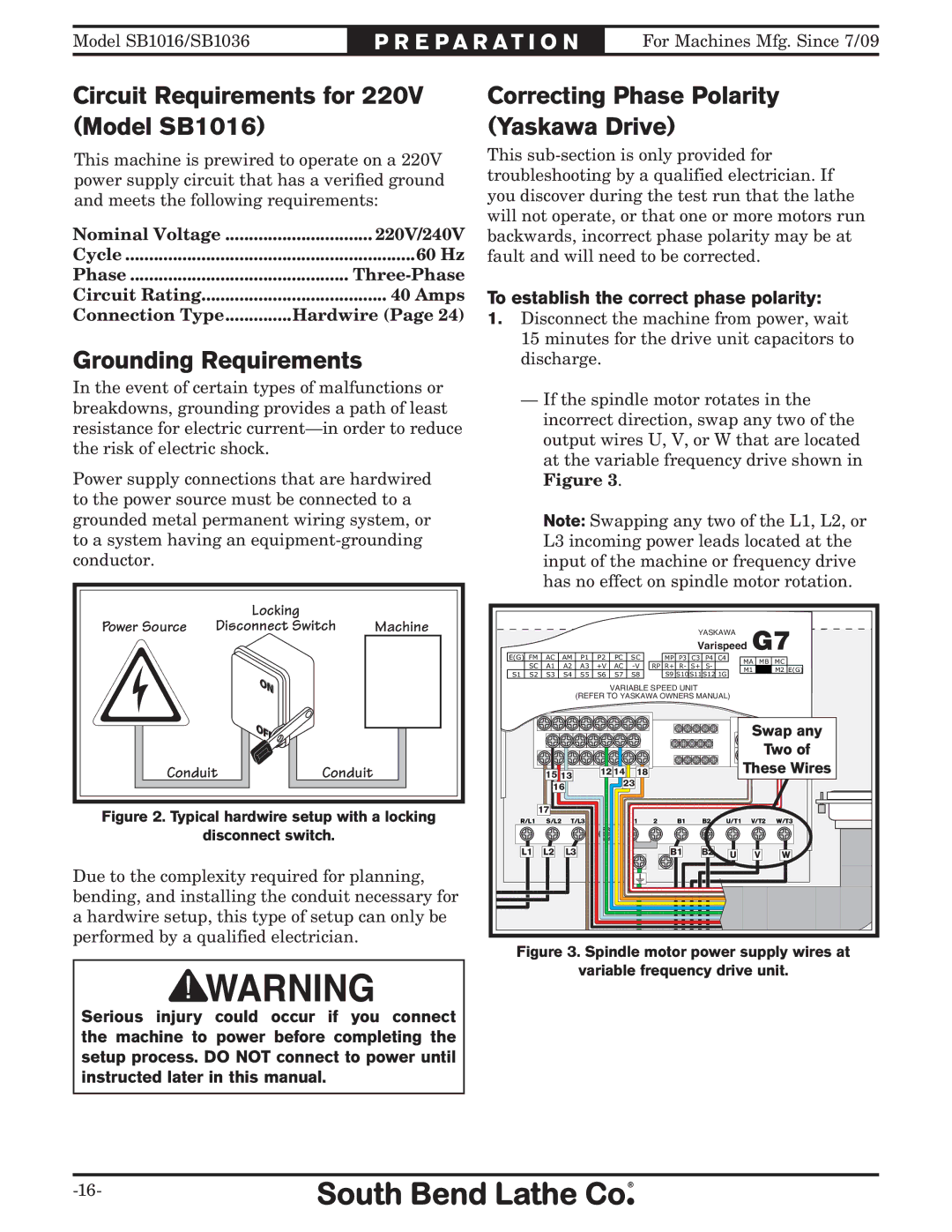 Southbend sb1016 owner manual Circuit Requirements for 220V Model SB1016, Grounding Requirements 