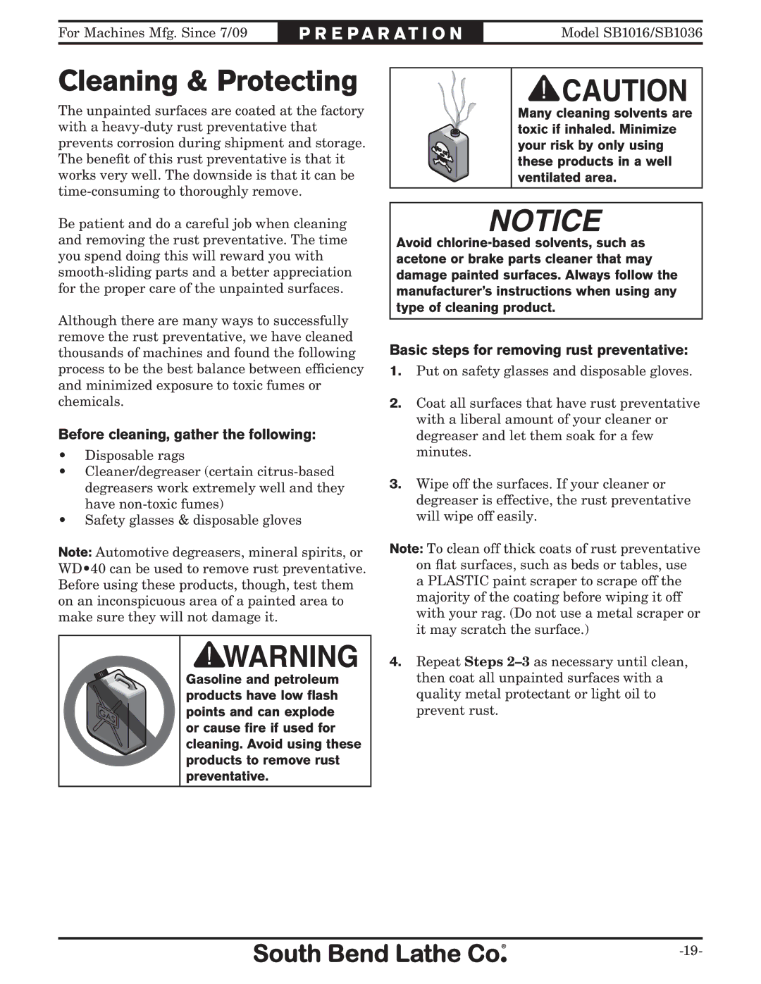 Southbend sb1016 Cleaning & Protecting, Before cleaning, gather the following, Basic steps for removing rust preventative 