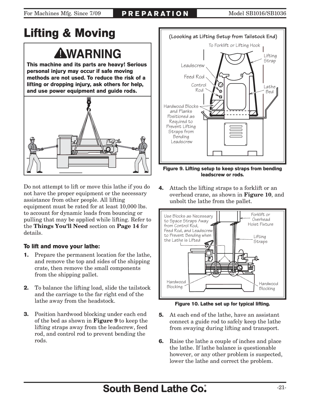 Southbend sb1016 owner manual Lifting & Moving, To lift and move your lathe 