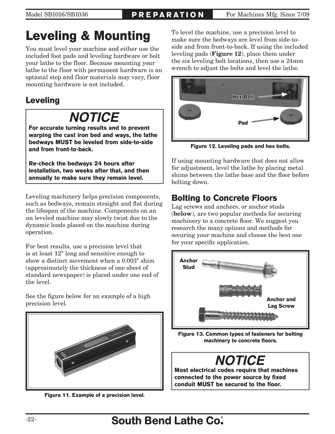 Southbend sb1016 owner manual Leveling & Mounting, Bolting to Concrete Floors 