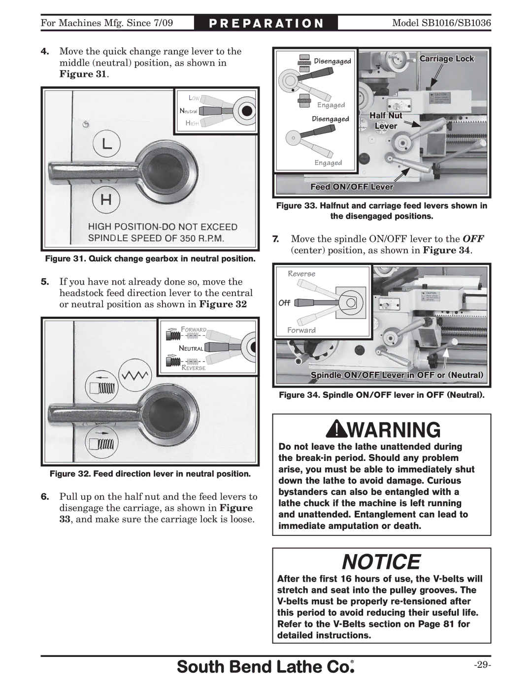 Southbend sb1016 owner manual Quick change gearbox in neutral position 