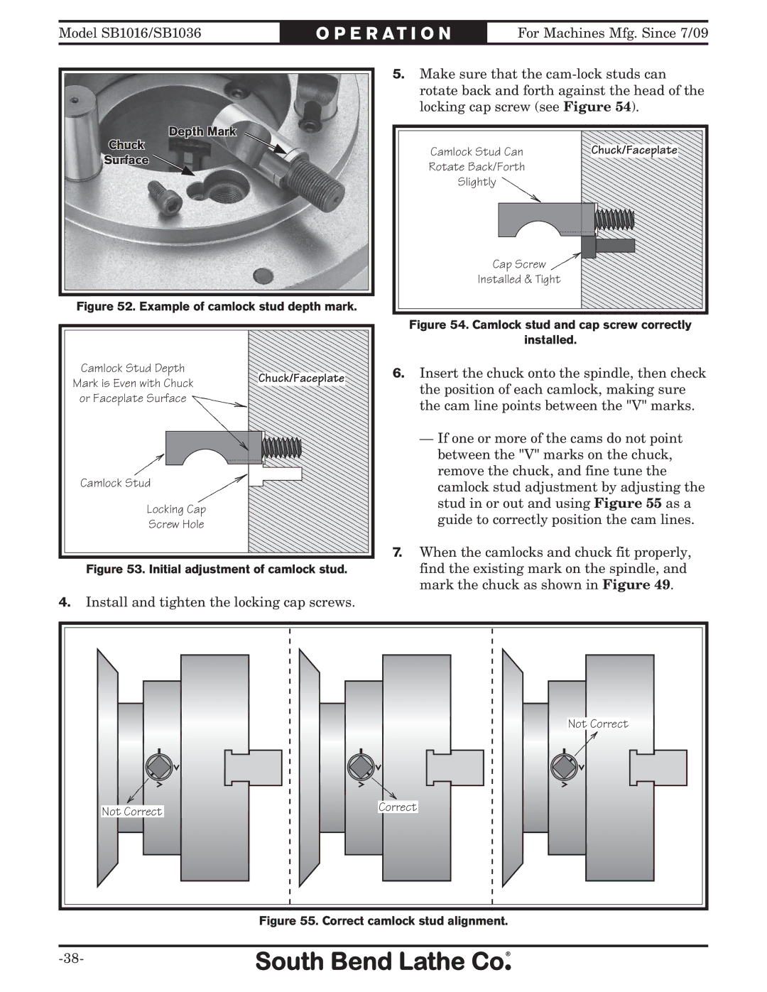 Southbend sb1016 owner manual Example of camlock stud depth mark 