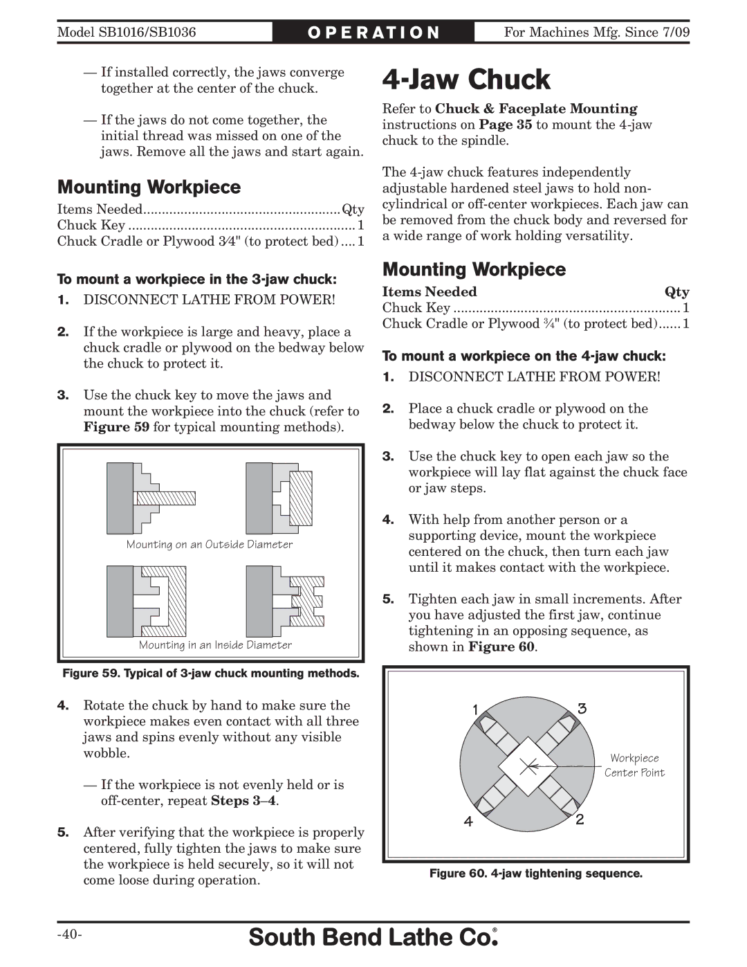 Southbend sb1016 Mounting Workpiece, To mount a workpiece in the 3-jaw chuck, To mount a workpiece on the 4-jaw chuck 