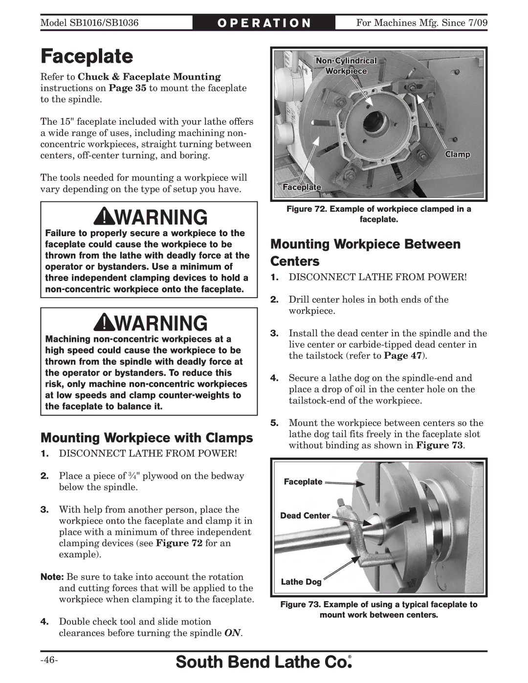 Southbend sb1016 owner manual Faceplate, Mounting Workpiece with Clamps, Mounting Workpiece Between Centers 