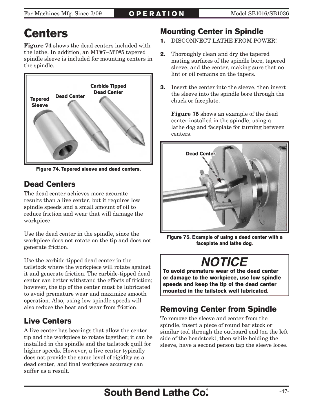 Southbend sb1016 owner manual Mounting Center in Spindle, Dead Centers, Live Centers, Removing Center from Spindle 