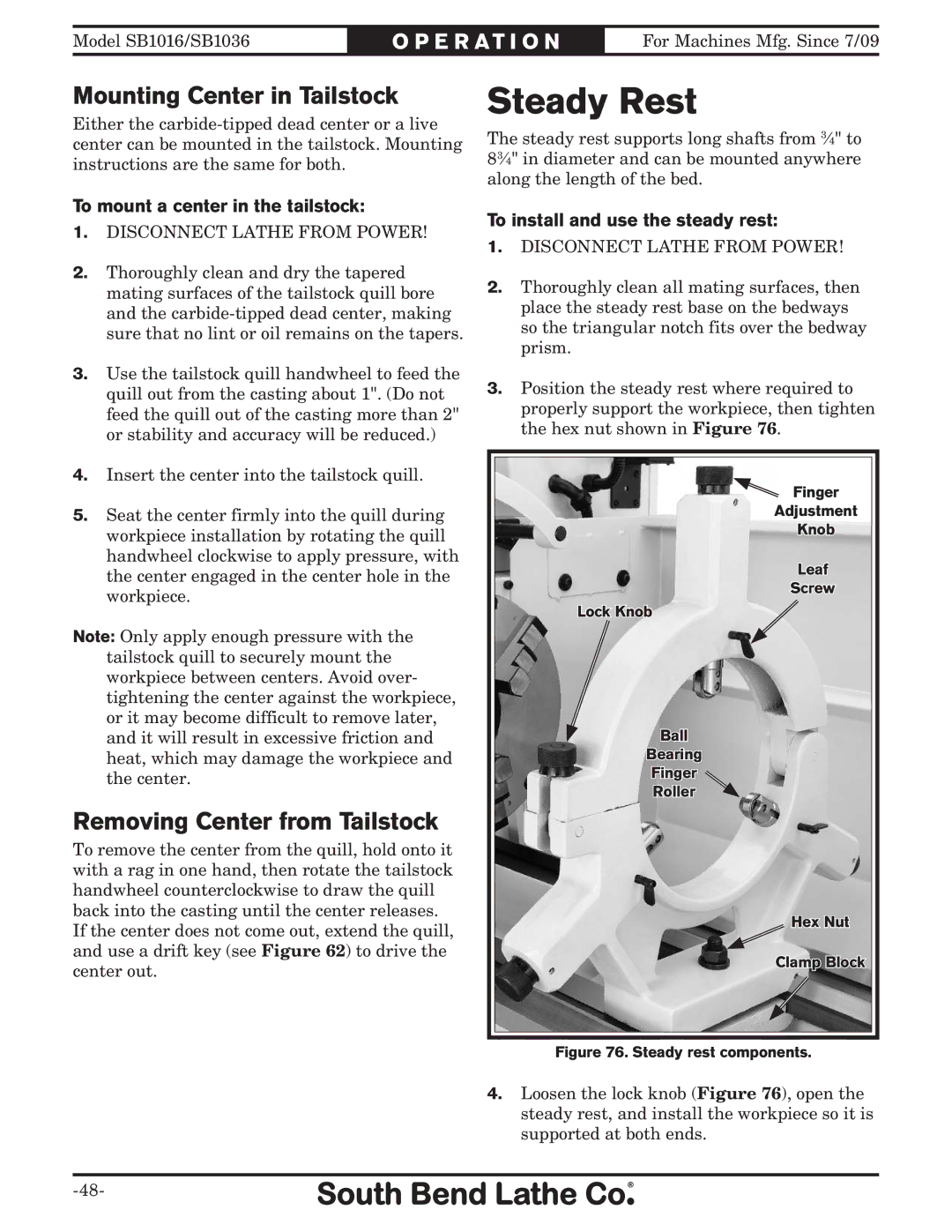 Southbend sb1016 owner manual Steady Rest, Mounting Center in Tailstock, Removing Center from Tailstock 