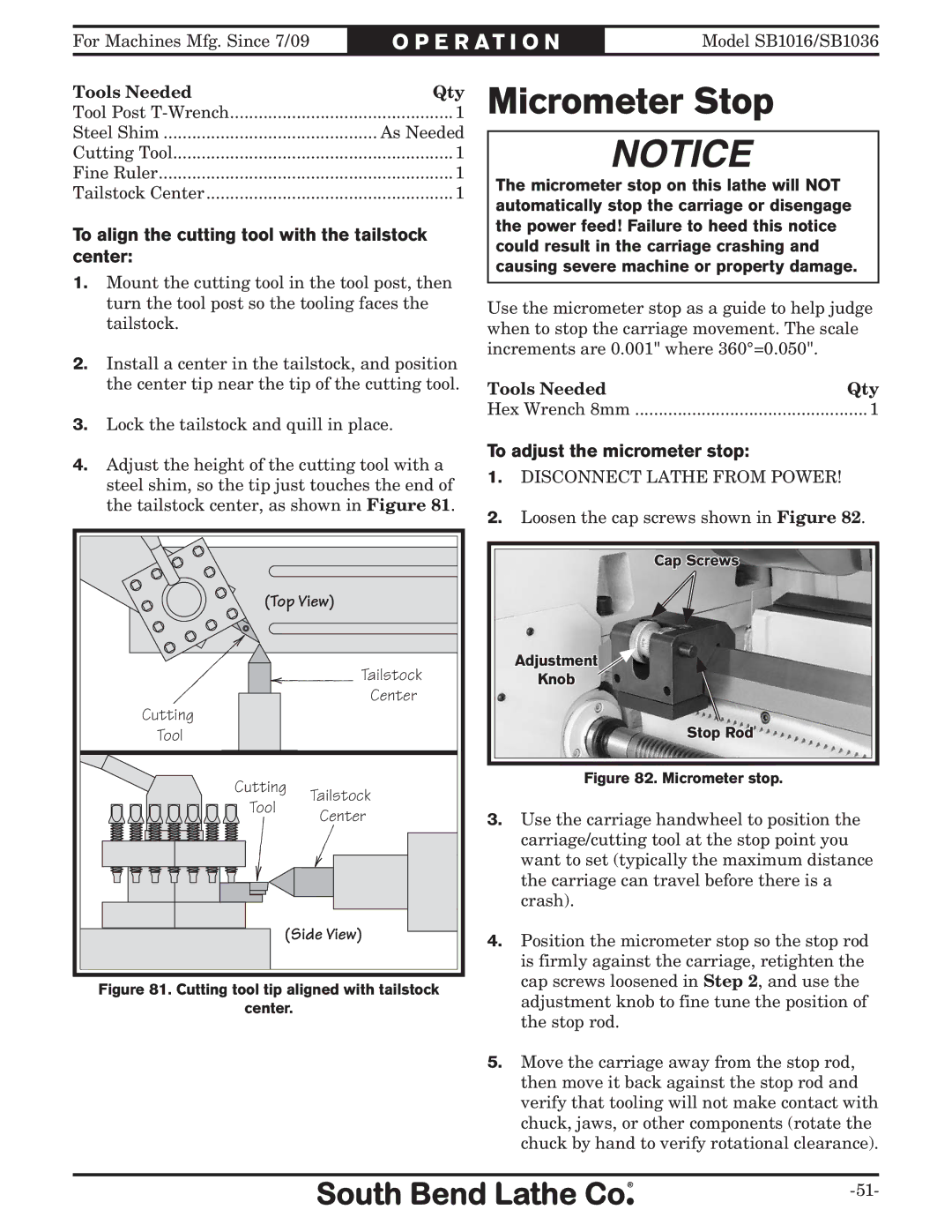 Southbend sb1016 Micrometer Stop, To align the cutting tool with the tailstock center, To adjust the micrometer stop 