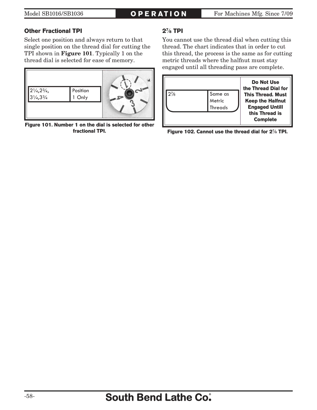 Southbend sb1016 owner manual Other Fractional TPI, 27⁄8 TPI 