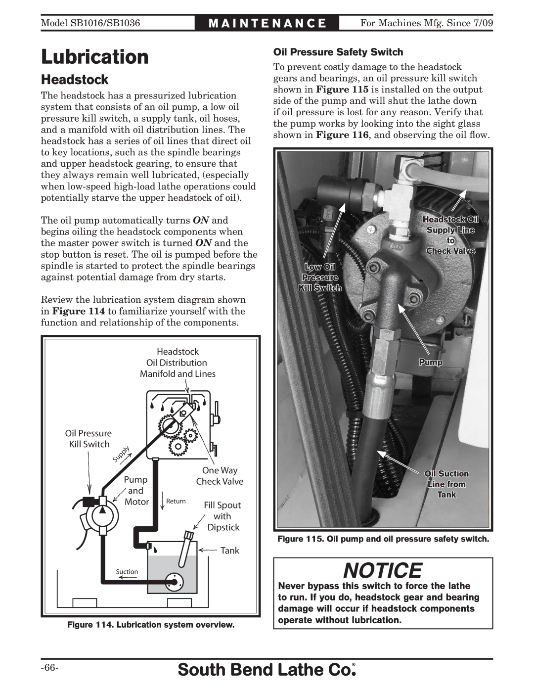 Southbend sb1016 owner manual Lubrication, Headstock, Oil Pressure Safety Switch 