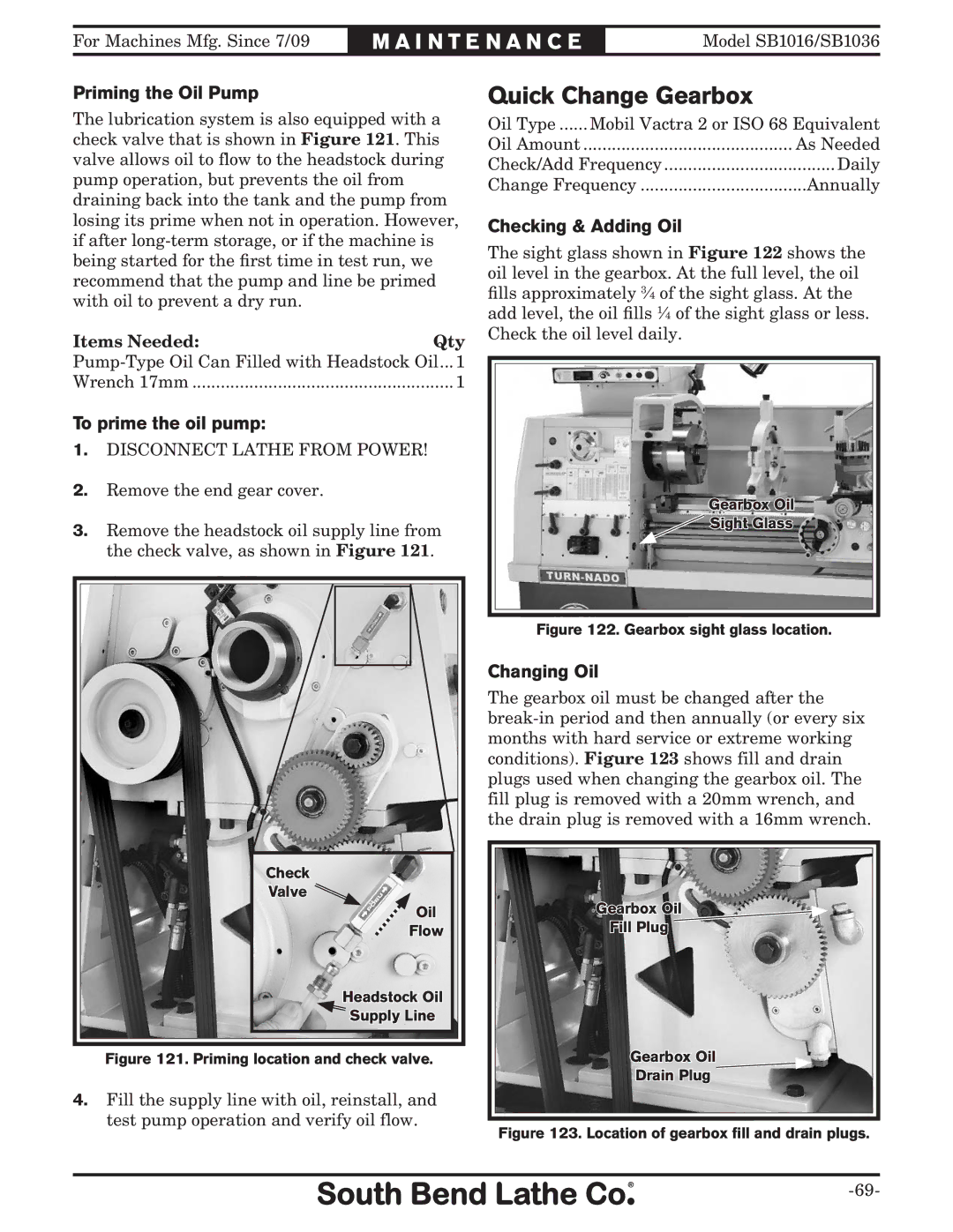 Southbend sb1016 owner manual Quick Change Gearbox, Priming the Oil Pump, To prime the oil pump, Changing Oil 