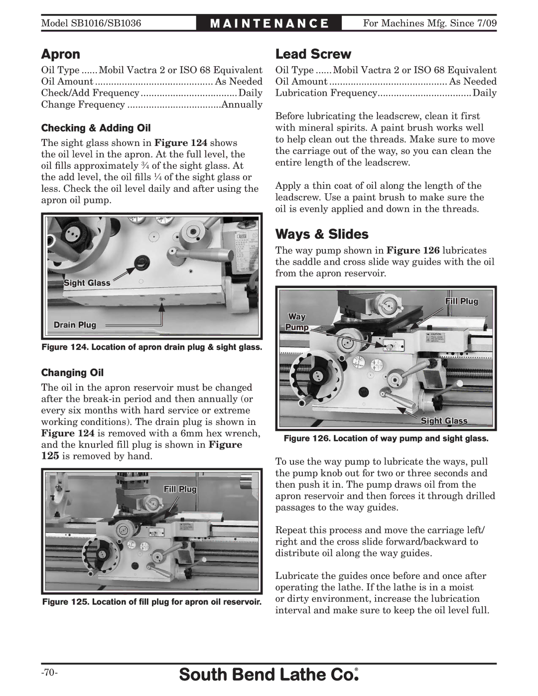 Southbend sb1016 owner manual Apron, Lead Screw, Ways & Slides 