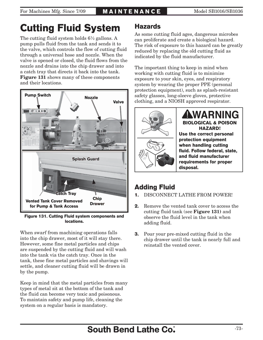 Southbend sb1016 owner manual Hazards, Adding Fluid 