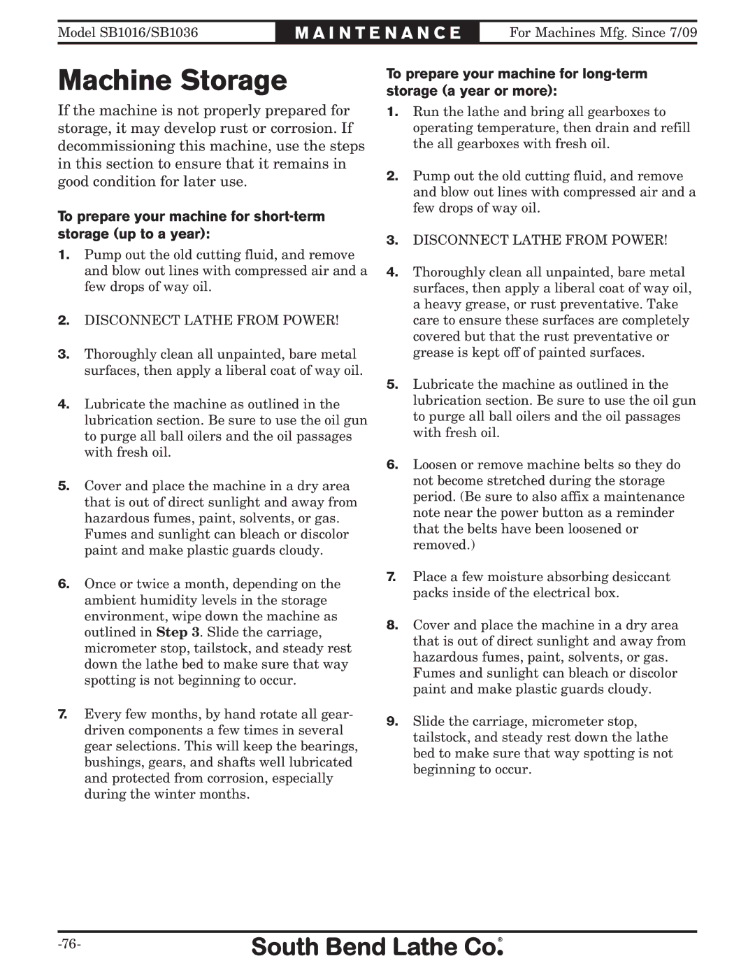 Southbend sb1016 owner manual Machine Storage, To prepare your machine for short-term storage up to a year 