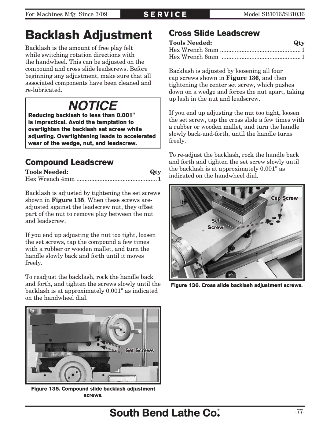 Southbend sb1016 owner manual Backlash Adjustment, Compound Leadscrew, Cross Slide Leadscrew 