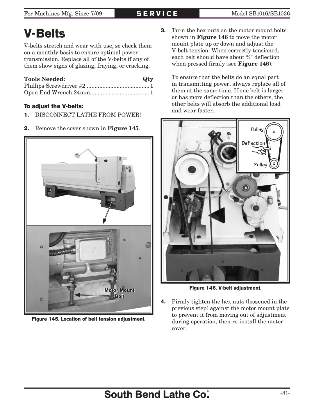 Southbend sb1016 owner manual Belts, To adjust the V-belts 