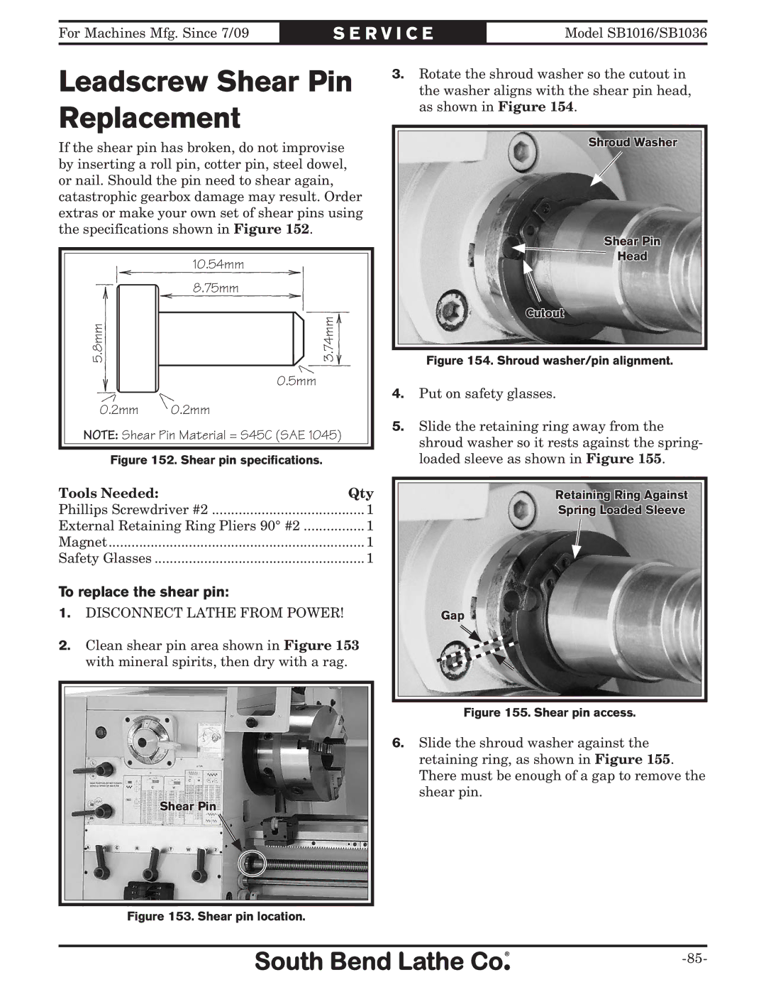 Southbend sb1016 owner manual Leadscrew Shear Pin Replacement, To replace the shear pin 