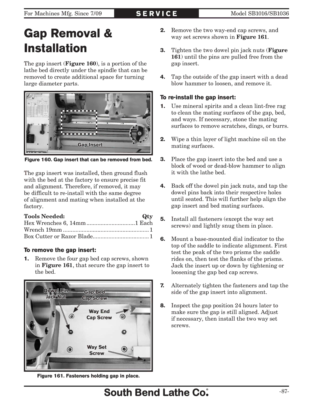 Southbend sb1016 owner manual Gap Removal Installation, To remove the gap insert, To re-install the gap insert 