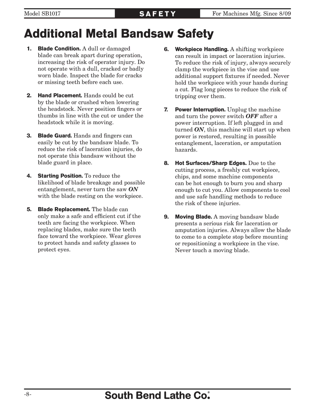 Southbend SB1017 owner manual Additional Metal Bandsaw Safety 