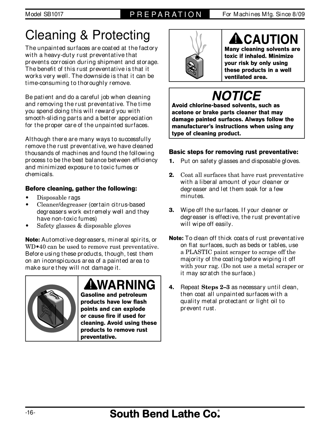 Southbend SB1017 Cleaning & Protecting, Before cleaning, gather the following, Basic steps for removing rust preventative 