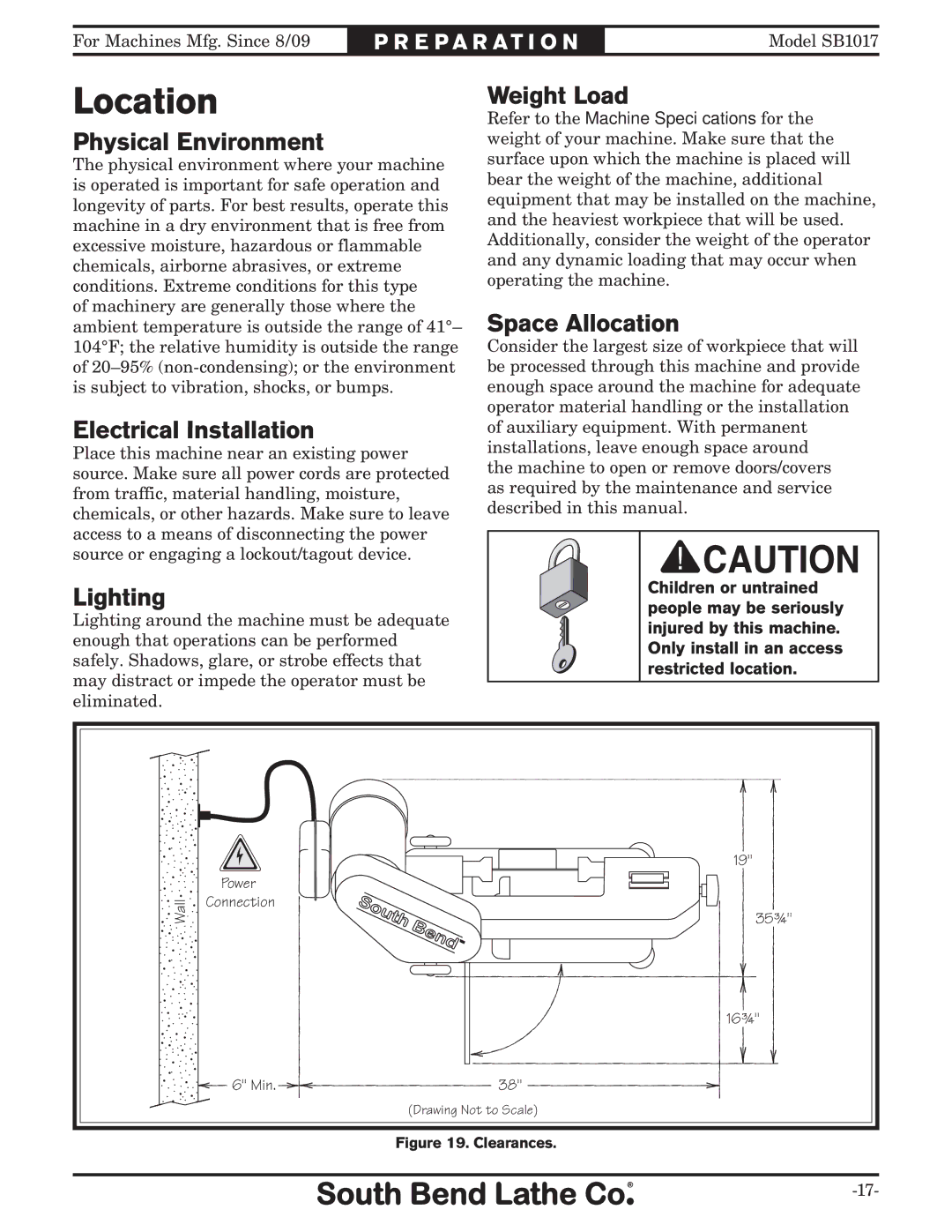 Southbend SB1017 owner manual Location 