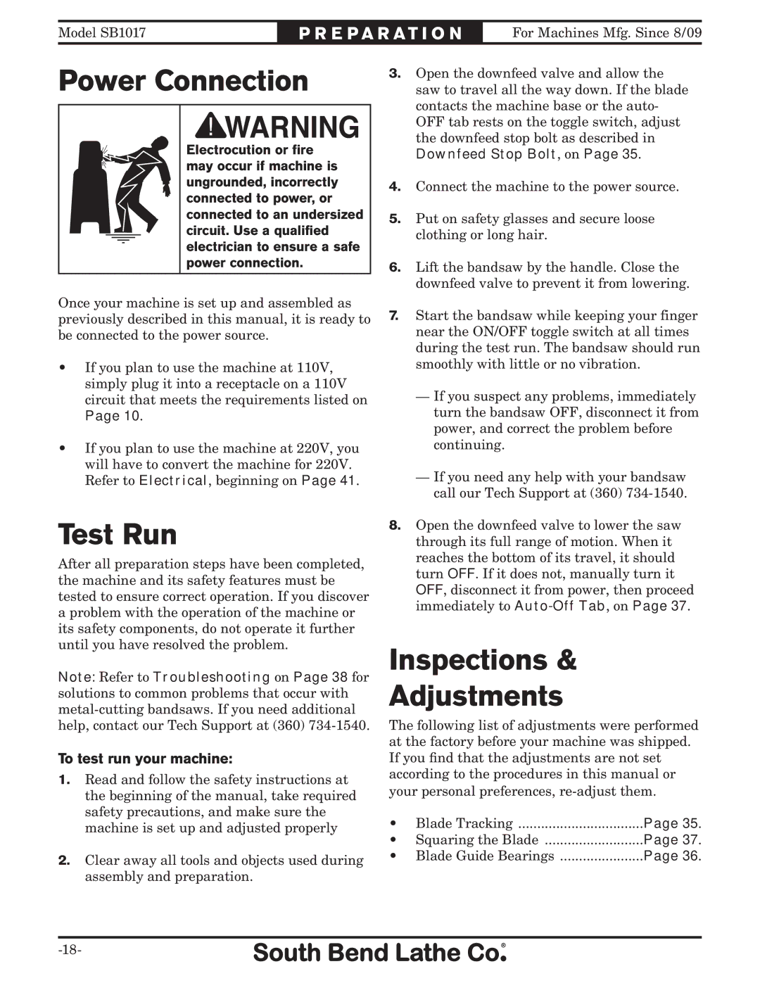 Southbend SB1017 owner manual Power Connection, Test Run, Inspections Adjustments, To test run your machine 