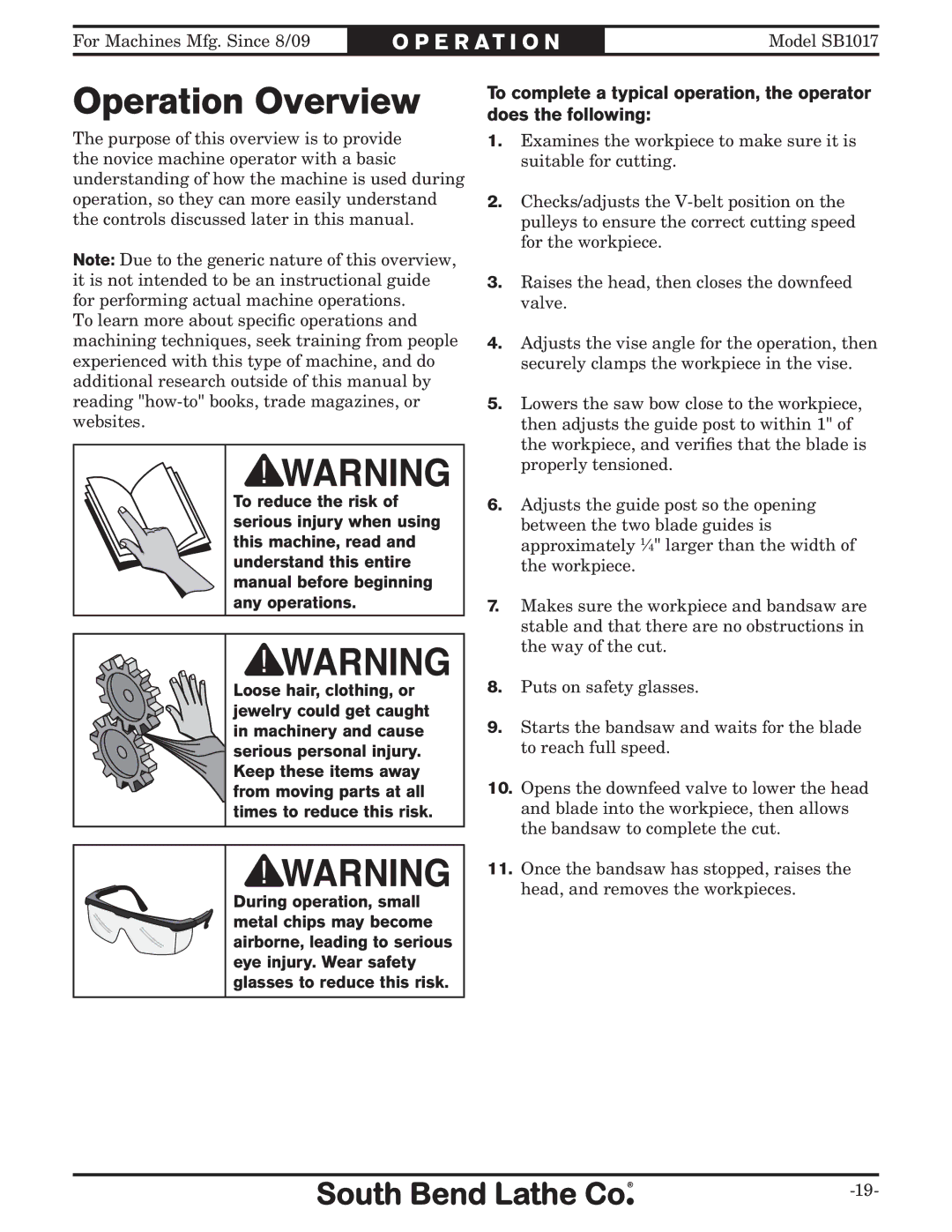 Southbend SB1017 owner manual OperationPERATIONOverview 