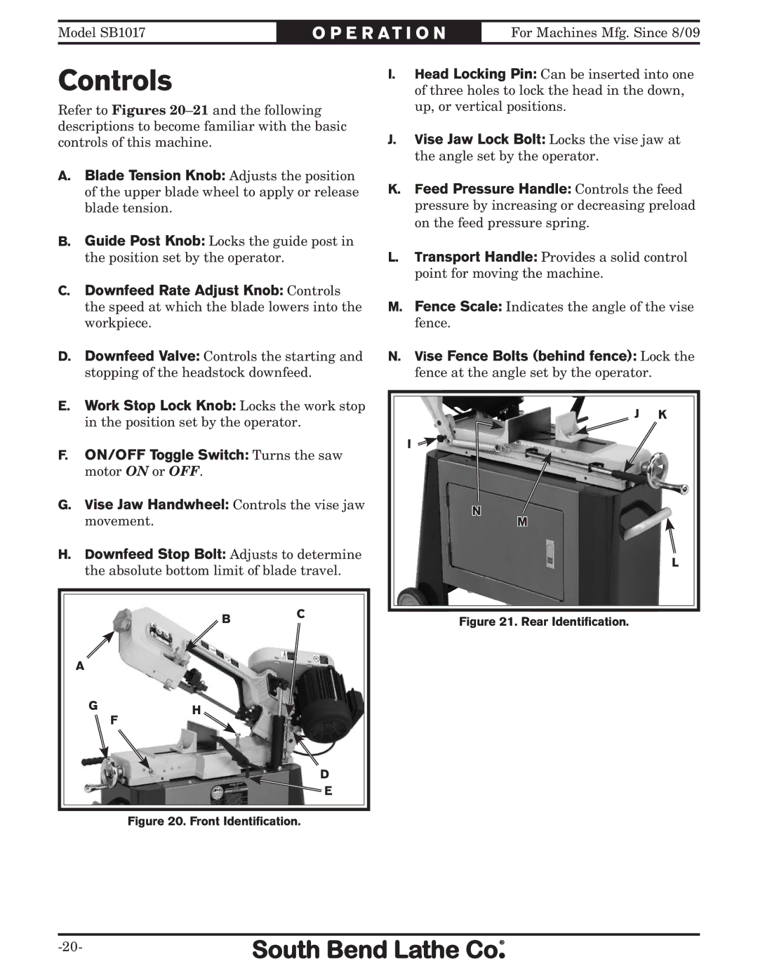 Southbend SB1017 owner manual Blade Tension Knob Adjusts the position, Downfeed Rate Adjust Knob Controls 