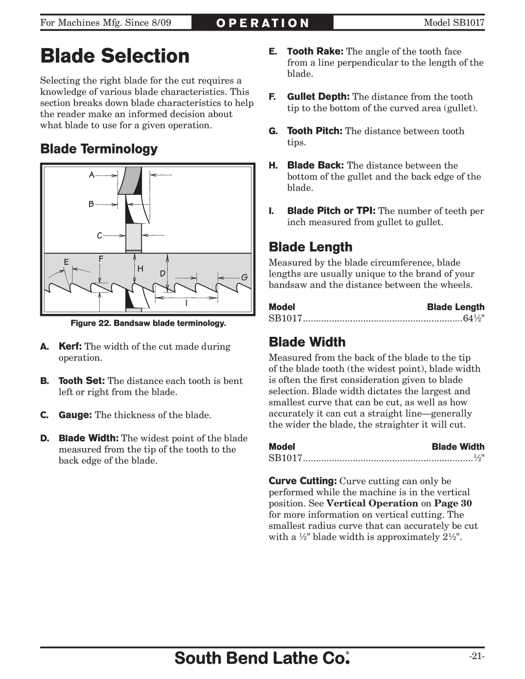 Southbend SB1017 owner manual Blade Selection, Blade Terminology, Blade Length, Blade Width 