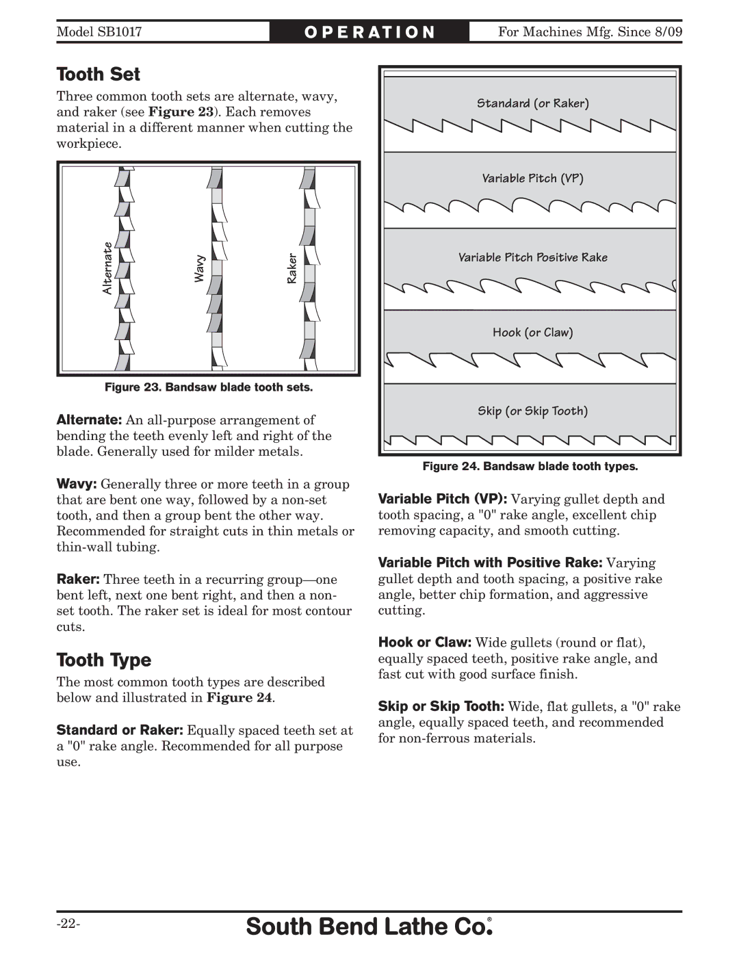 Southbend SB1017 owner manual Tooth Set, Tooth Type 