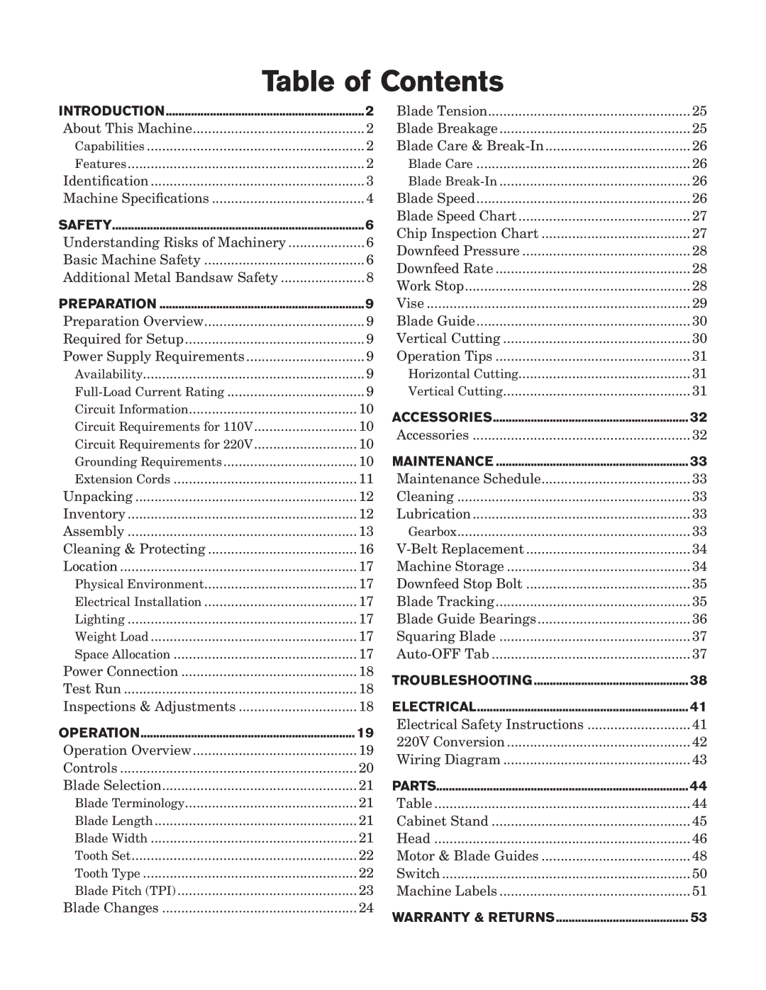 Southbend SB1017 owner manual Table of Contents 