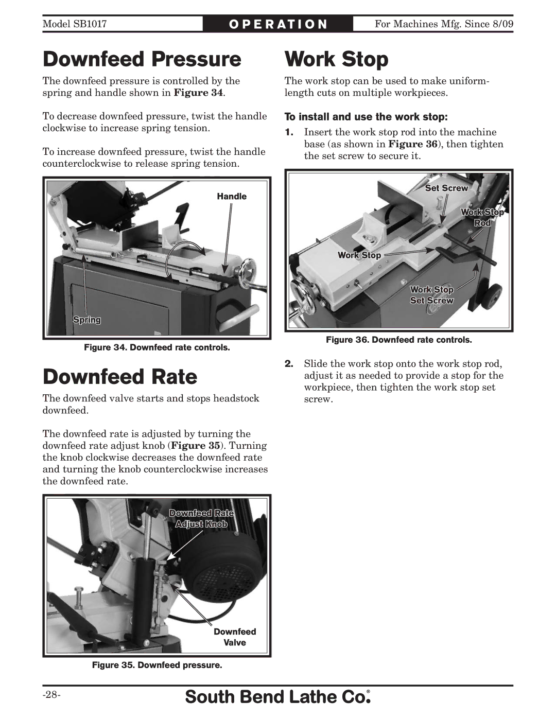 Southbend SB1017 owner manual Downfeed Pressure, Downfeed Rate, Work Stop, To install and use the work stop 